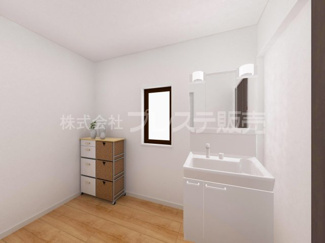 【洗面所】 | 大和郡山市新木町の新築一戸建 全３区画 | C号地洗面完成イメージ／シャワー付き洗面化粧台