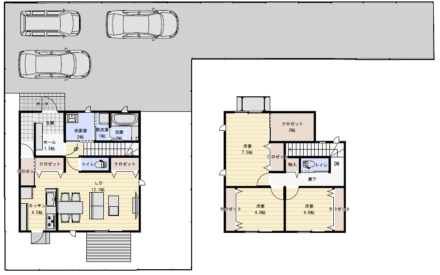 瀬戸東町　建築条件なし　売土地　Ｂ区画の土地図|建物プラン例（Ｂ号地）建物価格　2139.5万円、建物面積　102.79㎡