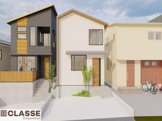 【外観パース】 | 宇治市木幡平尾　2区画　D号地　売土地　建築条件付き | 標準仕様（アトリエスタイルハウス仕様）で断熱材は気密性、断熱性能も高い、吹付断熱を採用。屋根断熱を実現していますので、お家全体が冬はあったかく、夏は涼しいお家づくりが可能です。