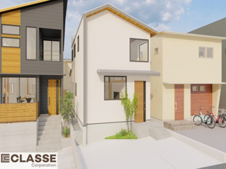 【外観パース】 | 宇治市木幡平尾　2区画　D号地　売土地　建築条件付き | 参考プランになりますので、お客様のお好みの外観を一緒に作らせていただきます。外壁には、メンテナンスが楽な光セラを採用しており、汚れがつきにくく、色あせもしにくいのでおススメです！