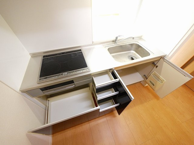 ルミナスＡ・Ｂ（櫟本町）のキッチン|コンパクトなキッチンで掃除もラクラク