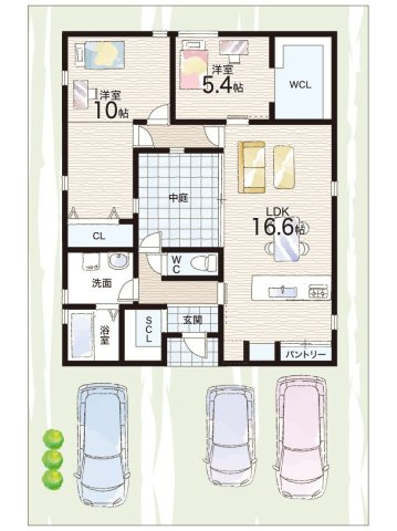 八幡市八幡三反長  新築未入居　　の間取り|2LDK+ウォークインクローゼット　中庭で日当り通風良好！