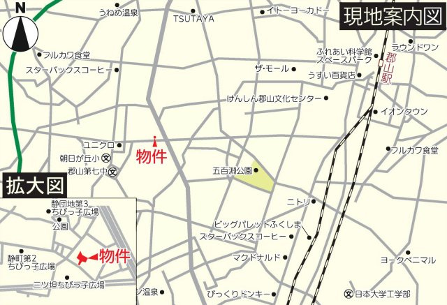 大槻町字荒久　希望ヶ丘小・第一中　耐震の性能評価取得物件　の地図|静御前通り近くの全10棟！4号線バイパスにも入りやすい立地！