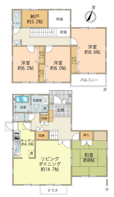 1階：68.31㎡　2階：54.24㎡　建物延床面積：122.55㎡　4LDK＋納戸