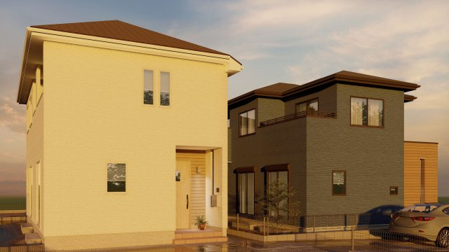 郡山市富田町大十内　全3棟の外観パース|街並み予想（夕暮れ）