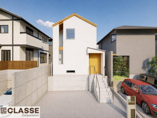 【外観パース】 | 城陽市寺田尼塚　C号地　売土地　建築条件付き | ・参考プラン価格：2410万（別途外構費198万、造成費-万）　　　　
・建物価格は参考価格になります。
（弊社標準建物27坪で計算した価格です）
・参考プラン延床面積：83.02㎡
