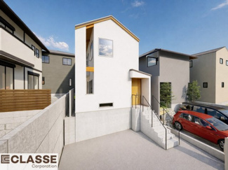 【外観パース】 | 城陽市寺田尼塚　C号地　売土地　建築条件付き | 参考プランになりますので、お客様のお好みの外観を一緒に作らせていただきます。外壁には、メンテナンスが楽な光セラを採用しており、汚れがつきにくく、色あせもしにくいのでおススメです！