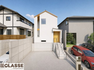 【外観パース】 | 城陽市寺田尼塚　C号地　売土地　建築条件付き | 標準仕様（アトリエスタイルハウス仕様）で断熱材は気密性、断熱性能も高い、吹付断熱を採用。屋根断熱を実現していますので、お家全体が冬はあったかく、夏は涼しいお家づくりが可能です。