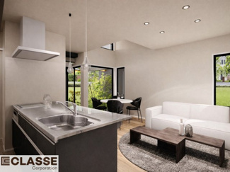 【完成予想図】 | 城陽市寺田尼塚　D号地　売土地　建築条件付き | アトリエスタイルハウス仕様の窓はペアガラス、サッシはアルミ×樹脂複合のハイブリットサッシを採用。ガラスの間には断熱性の高いアルゴンガスを充填しておりますので、より断熱性能が高まる仕様になっております。