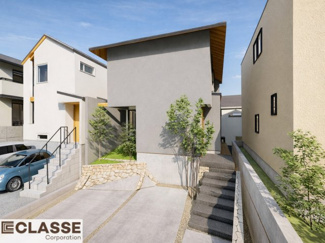 【外観パース】 | 城陽市寺田尼塚　D号地　売土地　建築条件付き | 参考プランになりますので、お客様のお好みの外観を一緒に作らせていただきます。外壁には、メンテナンスが楽な光セラを採用しており、汚れがつきにくく、色あせもしにくいのでおススメです！