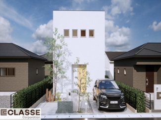 【外観パース】 | 宇治市木幡平尾　売土地　建築条件付き | ・参考プラン価格：2540万（別途外構費242万、造成費等121万）
・建物価格は参考価格になります。
（弊社標準建物30坪で計算した価格です）
・参考プラン延床面積：89㎡