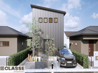 【外観パース】 | 宇治市木幡平尾　売土地　建築条件付き | 参考プランになりますので、お客様のお好みの外観を一緒に作らせていただきます。外壁には、メンテナンスが楽な光セラを採用しており、汚れがつきにくく、色あせもしにくいのでおススメです！