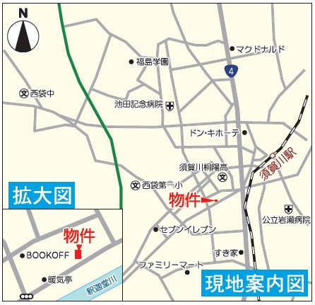 須賀川市岡東町　Cradle garden　全3棟の地図|釈迦堂川の桜並木が家の前にあるので春は花見が自宅でできます！    