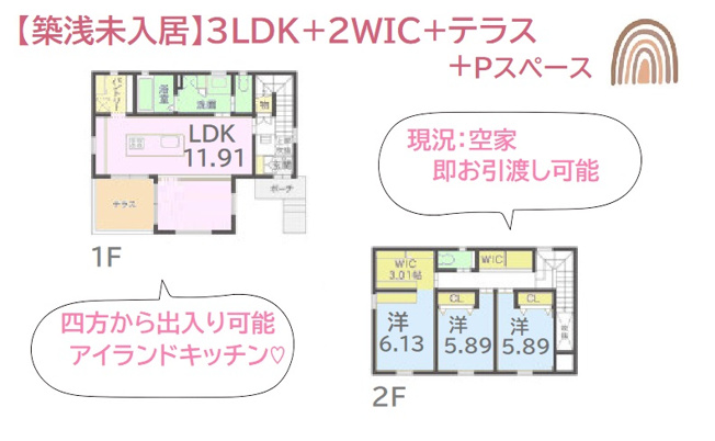 【間取り】 | 四方から出入りでき開放的なアイランドキッチンには、水回りが集中◎
2WICにパントリーなど、各所に充実の収納スペースが完備されております♪
