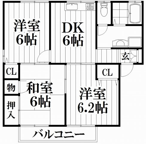 【間取り】 | 田中ハイツC棟 | ※洋室6.2帖CLなし。洋室8帖になります。