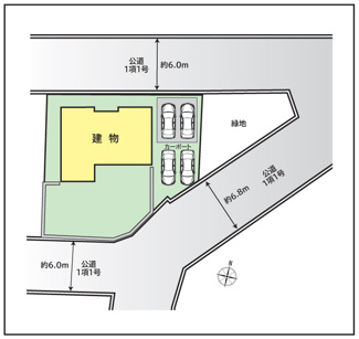 【区画図】 | 甲斐市西八幡 平成23年築クレバリーホーム施工の家 3方角地 | 256.51ｍ2　三方向角地　敷地東側は分譲地内緑地　カースペース並列2台分×2列の合計4台