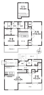 【間取り】 | 甲斐市西八幡 平成23年築クレバリーホーム施工の家 3方角地 | 132.07ｍ2　20帖のLDK・パントリーやシューズインクローゼット、ウォークインクローゼット等収納豊富なご住宅です。階段でアクセスできるロフト付き