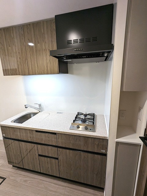 Urbanex KURAMAE RESIDENCEのキッチン|ガス2口システムキッチン、広々のシンクです、収納も豊富です