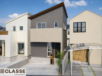 【外観パース】 | 宇治市木幡檜尾2区画B号地　売土地　建築条件付き | お客様のお好みに合わせて、外観デザインも一緒に作り上げていきます。「ひと目で分かるアトリエの家」をコンセプトに、木・金属・吹抜けを組み合わせ”あなたらしさ”を表現できる外観づくりが可能です。