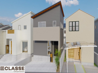 【外観パース】 | 宇治市木幡檜尾2区画B号地　売土地　建築条件付き | 参考プランになりますので、お客様のお好みの外観を一緒に作らせていただきます。外壁には、メンテナンスが楽な光セラを採用しており、汚れがつきにくく、色あせもしにくいのでおススメです！