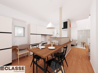 【完成予想図】 | 宇治市木幡檜尾2区画B号地　売土地　建築条件付き | 標準仕様（アトリエスタイルハウス仕様）で断熱材は気密性、断熱性能も高い、吹付断熱を採用。屋根断熱を実現していますので、お家全体が冬はあったかく、夏は涼しいお家づくりが可能です。