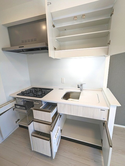 Urbanex KURAMAE RESIDENCEの設備|グリル付きガス３口システムキッチン、瀟洒でお手入れ楽なガラストップコンロ、広々のシンクです、収納も豊富です