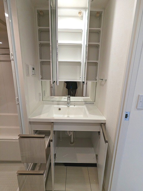 Urbanex KURAMAE RESIDENCEの設備|トイレと独立した3面鏡付、ハンドシャワー付独立洗面室