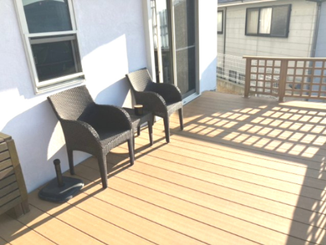 福岡市東区和白東一丁目戸建の外観|ウッドデッキの屋外スペースで、くつろぎの時間を過ごせますね！