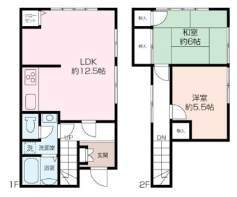 和室と洋室が1つずつある2LDKの間取り