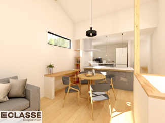 【完成予想図】 | 城陽市久世南垣内5号地　売土地　建築条件付き | 標準仕様（アトリエスタイルハウス仕様）で断熱材は気密性、断熱性能も高い、吹付断熱を採用。屋根断熱を実現していますので、お家全体が冬はあったかく、夏は涼しいお家づくりが可能です。