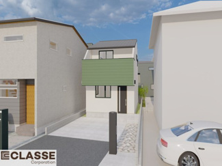 【外観パース】 | 城陽市久世南垣内5号地　売土地　建築条件付き | 参考プランになりますので、お客様のお好みの外観を一緒に作らせていただきます。外壁には、メンテナンスが楽な光セラを採用しており、汚れがつきにくく、色あせもしにくいのでおススメです！