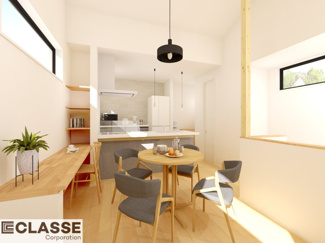 【完成予想図】 | 城陽市久世南垣内5号地　売土地　建築条件付き | アトリエスタイルハウス仕様の窓はペアガラス、サッシはアルミ×樹脂複合のハイブリットサッシを採用。ガラスの間には断熱性の高いアルゴンガスを充填しておりますので、より断熱性能が高まる仕様になっております。