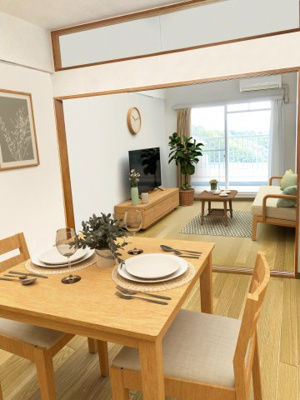 【内装】 | 田方パークマンションA棟 | LDKと洋室を繋いで約15.6帖の広々とした空間も可能　※家具はCG加工画像となります。現況優先