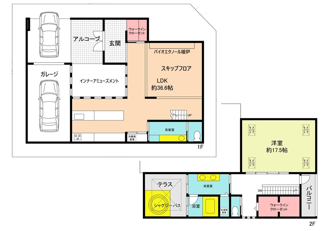 ソトに閉じて、ウチに開く。本物を知るあなただけにの間取り|LDKは36.6帖、リビングはスキップフロアーになっており変化のある空間構成になります。ガレージも２台分付きで、雨の日にお車に乗り込む際も濡れません！また玄関脇には中庭があります。
