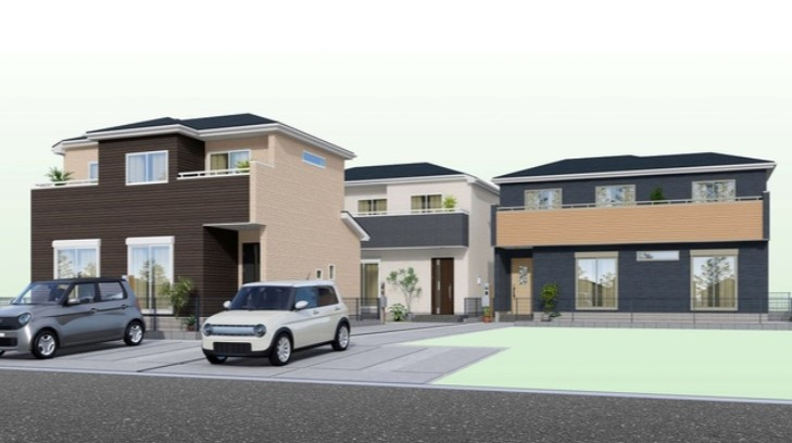 高知市仲田町の外観|完成イメージです。左手前が1号棟、その奥が本物件の2号棟、右端が3号棟です。