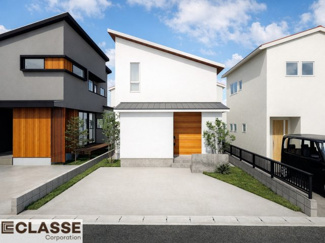【外観パース】 | 京田辺市田辺勇田　A号地　売土地　建築条件付き | お客様のお好みに合わせて、外観デザインも一緒に作り上げていきます。「ひと目で分かるアトリエの家」をコンセプトに、木・金属・吹抜けを組み合わせ”あなたらしさ”を表現できる外観づくりが可能です。