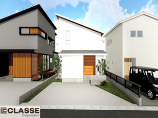 【外観パース】 | 京田辺市田辺勇田　A号地　売土地　建築条件付き | 参考プランになりますので、お客様のお好みの外観を一緒に作らせていただきます。外壁には、メンテナンスが楽な光セラを採用しており、汚れがつきにくく、色あせもしにくいのでおススメです！