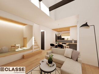 【完成予想図】 | 京田辺市田辺勇田　A号地　売土地　建築条件付き | アトリエスタイルハウス仕様の窓はペアガラス、サッシはアルミ×樹脂複合のハイブリットサッシを採用。ガラスの間には断熱性の高いアルゴンガスを充填しておりますので、より断熱性能が高まる仕様になっております。