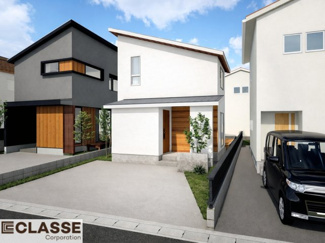 【外観パース】 | 京田辺市田辺勇田　A号地　売土地　建築条件付き | アトリエ仕様では、長期優良住宅に対応した構造・耐震材を採用しており、各種補助金にも対応できます。間取りによりますので、設計士と相談しながら、ご希望プランに合わせて最適な形をご提案いたします。