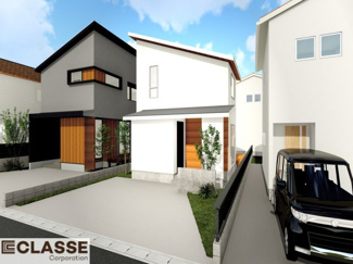 【外観パース】 | 京田辺市田辺勇田　A号地　売土地　建築条件付き | 標準仕様（アトリエスタイルハウス仕様）で断熱材は気密性、断熱性能も高い、吹付断熱を採用。屋根断熱を実現していますので、お家全体が冬はあったかく、夏は涼しいお家づくりが可能です。