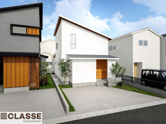 【外観パース】 | 京田辺市田辺勇田　A号地　売土地　建築条件付き | アトリエ仕様では、高性能断熱材（吹付断熱）を採用しておりますので、ZEH水準に適合しています。気密性・断熱性に優れているため、冬はあたたかく、夏は涼しい快適な住環境を実現できます。