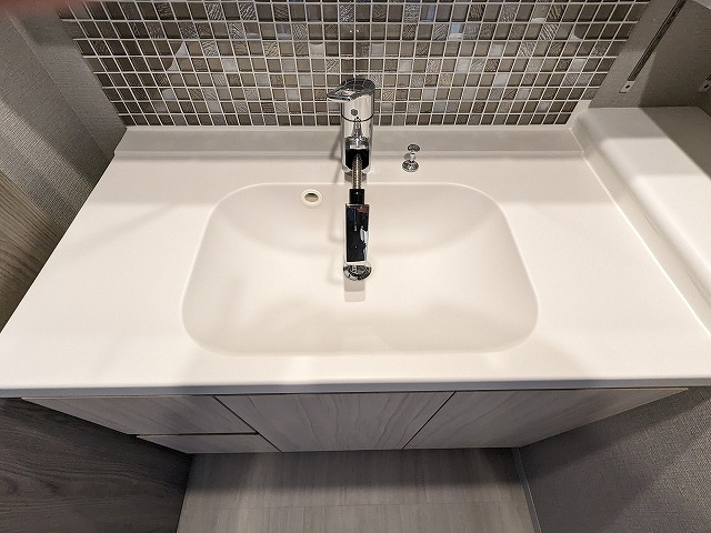 グランカーサ蔵前Ⅱの設備|トイレと独立した洗面室、三面鏡付き、ハンドシャワー付き、左下にヘルスメーターストックあり、洗面室に洗濯機置場あり