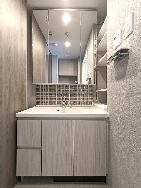 グランカーサ蔵前Ⅱの洗面所|トイレと独立した洗面室、三面鏡付き、ハンドシャワー付き、左下にヘルスメーターストックあり、洗面室に洗濯機置場あり