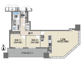 【間取り】 | ブランズタワー大阪本町 | 【間取り】約22.8帖の広々としたLDK！使い勝手の良い、低層階・南東向きの2LDK角住戸です！！