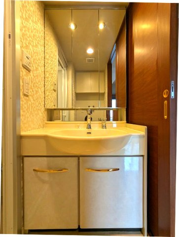 コスモ上野ロイヤルフォルムの設備|収納式の椅子、ヘルスメーターストック付き、三面鏡付、ハンドシャワー付きトイレと独立した洗面室