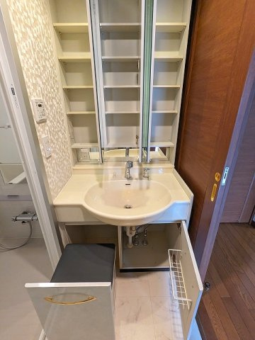 コスモ上野ロイヤルフォルムの洗面所|収納式の椅子、ヘルスメーターストック付き、三面鏡付、ハンドシャワー付きトイレと独立した洗面室