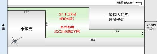 越谷市三野宮③　売地の土地図|区画図　敷地面積約９４坪！宅地有効面積約６７坪！建築条件はございません！