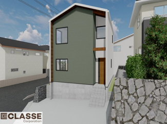 【外観パース】 | 宇治市木幡御蔵山　2区画E号地　売土地　建築条件付き | 参考プランになりますので、お客様のお好みの外観を一緒に作らせていただきます。外壁には、メンテナンスが楽な光セラを採用しており、汚れがつきにくく、色あせもしにくいのでおススメです！