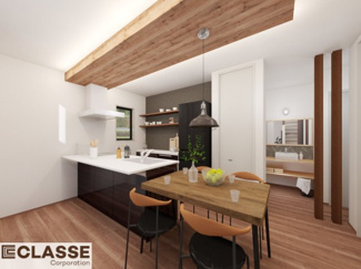 【完成予想図】 | 宇治市木幡御蔵山　2区画E号地　売土地　建築条件付き | 標準仕様（アトリエスタイルハウス仕様）で断熱材は気密性、断熱性能も高い、吹付断熱を採用。屋根断熱を実現していますので、お家全体が冬はあったかく、夏は涼しいお家づくりが可能です。