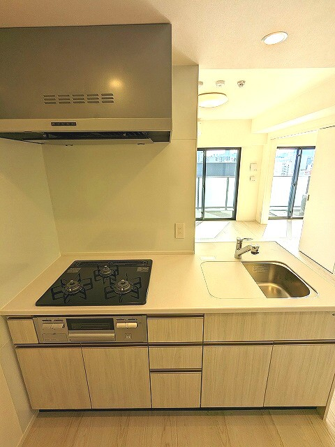 Urbanex KURAMAE RESIDENCEの設備|グリル付きガス３口カウンターシステムキッチン、瀟洒でお手入れ楽なガラストップコンロ、広々のシンクです、備付収納付き収納も豊富です